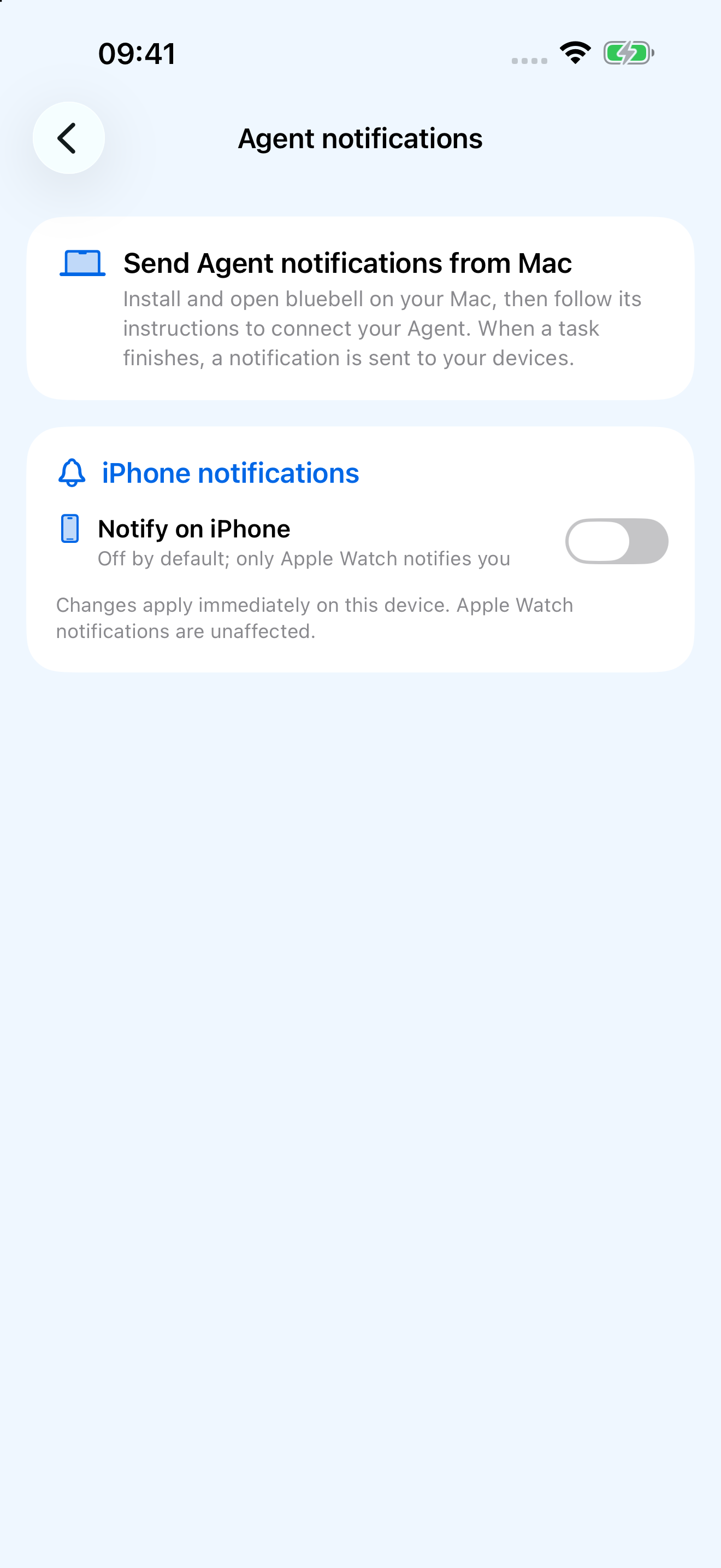 bluebell Agent notification settings on iPhone