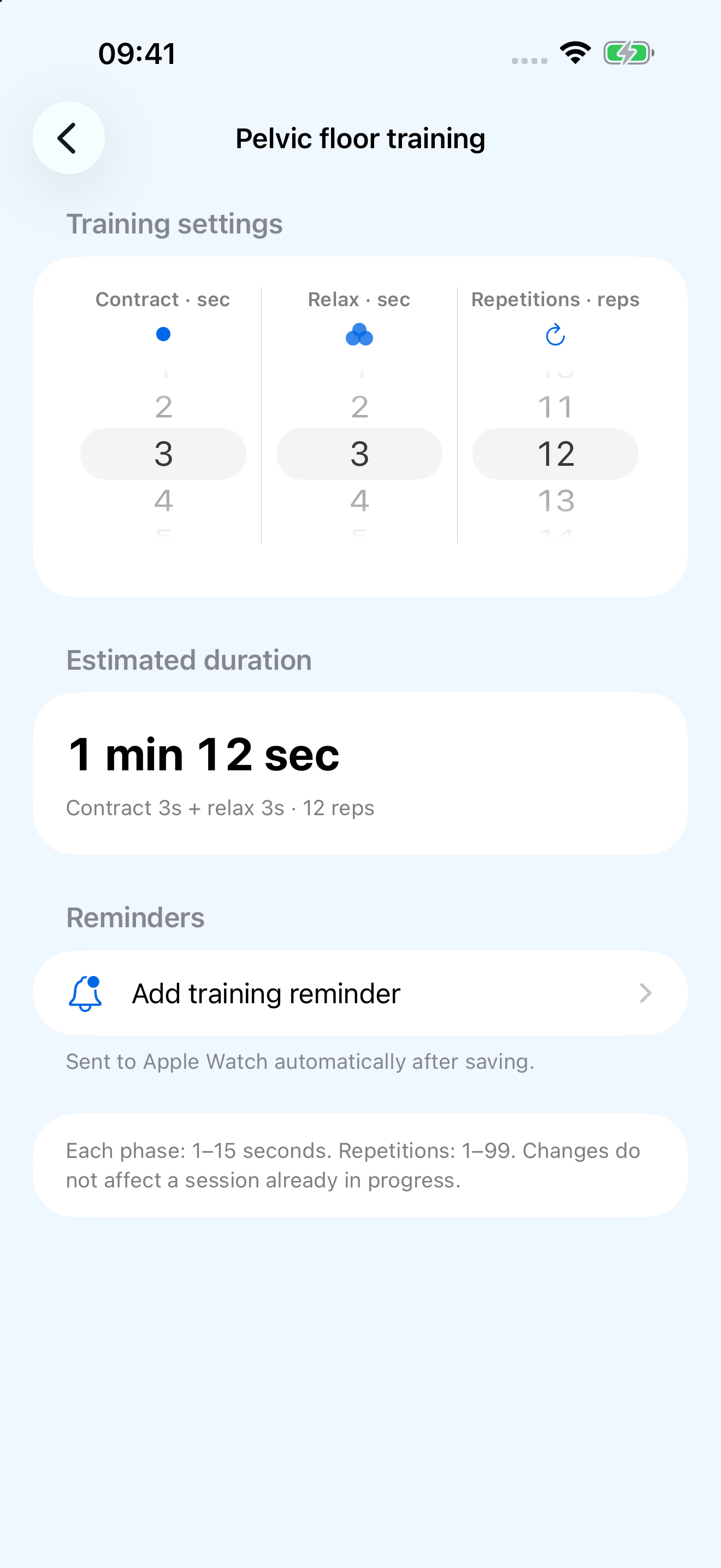 bluebell pelvic floor training settings on iPhone